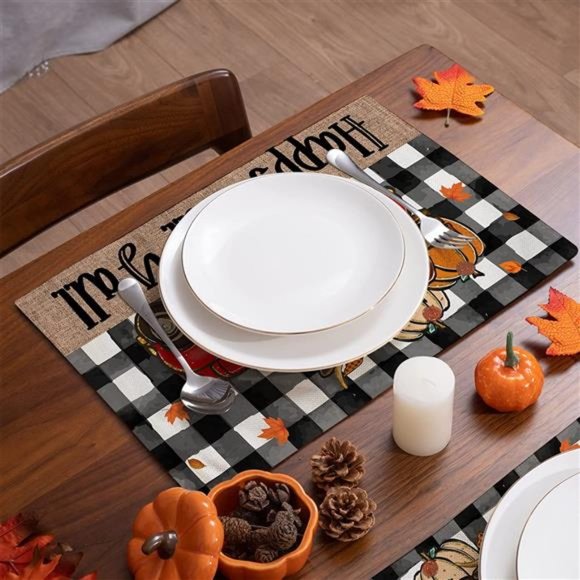 Set of 4 Fall Watercolor Buffalo Plaid Placemats Farmhouse Cow Truck Placemats - Picture 4 of 6